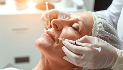 Adult Woman in beauty spa salon rejuvenates facial skin.