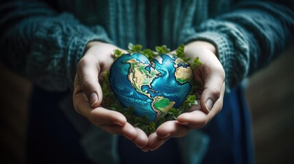 hands holding Heart shaped planet earth icon. Save the world. Eco friendly environmental message. Love.