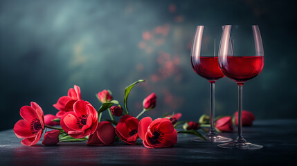 Wine, flowers and romance on valentines day for celebration of love, anniversary or honeymoon in still life. Glass, dinner and elegant date in dining room of home for event, milestone or occasion