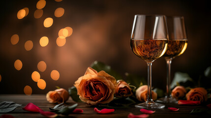 Wine, flowers and romance on valentines day for celebration of love, anniversary or honeymoon in still life. Glass, dinner and elegant date in dining room of home for event, milestone or occasion