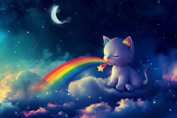 Obraz na płótnie Canvas Cartoon cat in a night fairy tale in the clouds and rainbow.