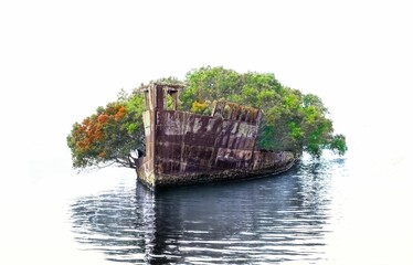 Old boat with lush green vegetation. SS Ayrfield, Sydney, Australia.