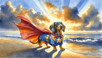 Superhero Dachshund on a Sunset Beach Adventure - AI Generated Digital Art - obrazy, fototapety, plakaty