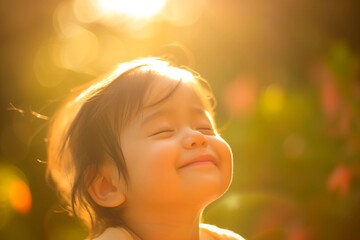 Fototapeta premium Joyful Toddler Smiling in Sunlit Garden