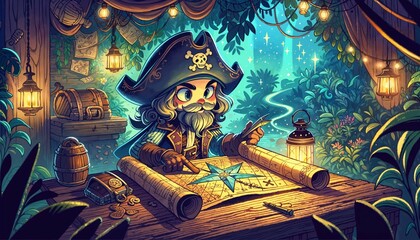 Enchanted Pirate Captain Discovering a Map's Secrets - AI Generated Digital Art - obrazy, fototapety, plakaty