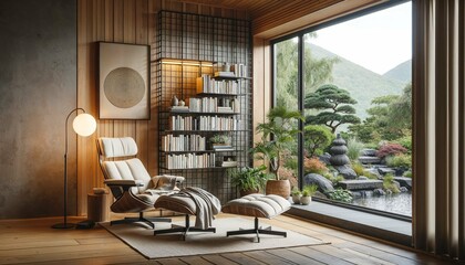 Serene Reading Nook Overlooking Zen Garden - AI Generated Digital Art
