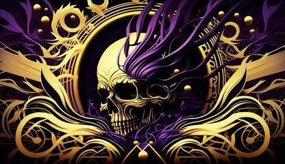 AI generated illustration of a gold and purple skull with abstract swirls radiating out it