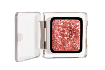 Beautiful pink glitter eyeshadow in transparent packaging on an empty background.