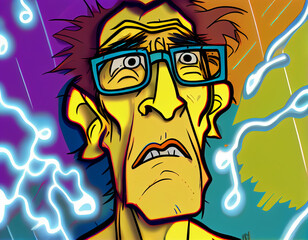 AI generated illustration of a male with glasses looking up in front of a vibrant yellow background