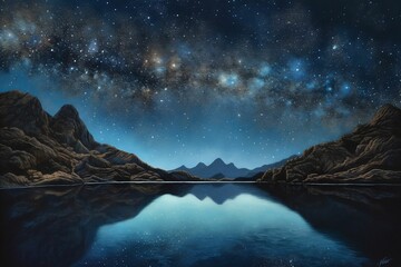 AI generated illustration of a stunning night sky against landscape of mountains and a tranquil lake