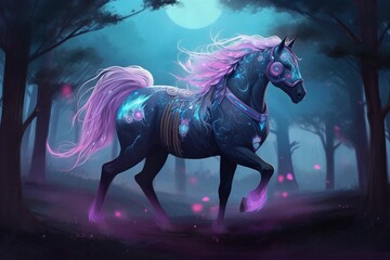 AI generated illustration of a magical purple horse against a backdrop of a star-filled night sky