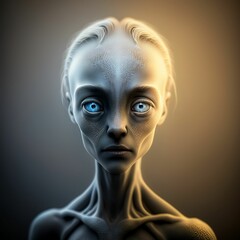 AI generated illustration of an extraterrestrial female with blue eyes against a luminous backdrop