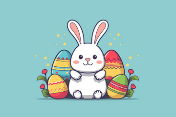 Cute Rabbit - Easter Holiday: Happy Celebrate, Design, Spring Bunny Egg Cartoon Illustration