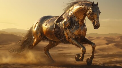 AI generated illustration of a metallic horse galloping at a fast pace across a desert landscape