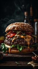 AI-generated illustration of an appetizing burger on a wooden board.