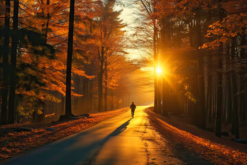 runner silhouette on road at sunset - obrazy, fototapety, plakaty