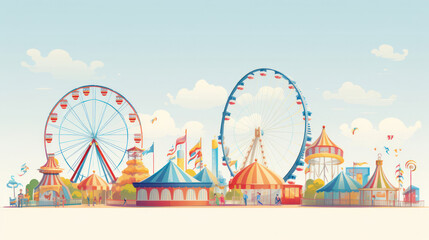 Joyful Fun at the Park: A Colorful Ferris Wheel in a Festive Carnival Setting against a Summer Sky
