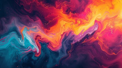 An explosion of dynamic energy on a polished marble canvas created an abstract artwork that is energetic and bold with bright strokes of electric orange, neon magenta, and cosmic teal. 
 - obrazy, fototapety, plakaty