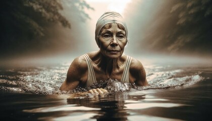 Resilient Serenity in Sepia - A Swimmer's Calm in Misty Waters - AI generated digital art