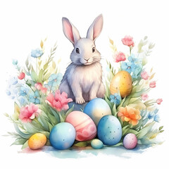 Easter watercolor illustration with cute easter bunny, colorful easter eggs and flowers, white background, good for greeting card template