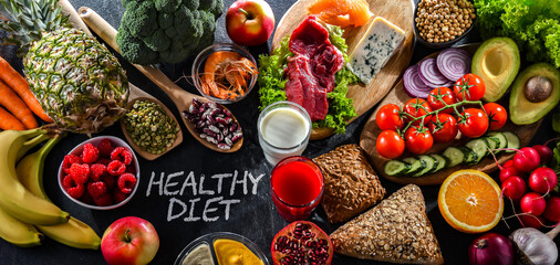 A variety of food products representing balanced diet