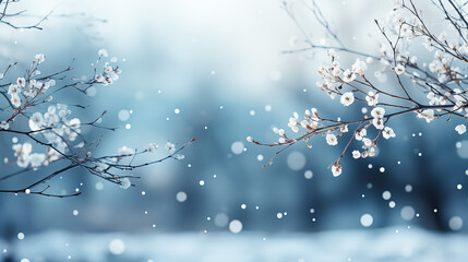 Winter landscape with frozen trees, snowflakes and blue bokeh lights.. Winter background. Generative AI technology.