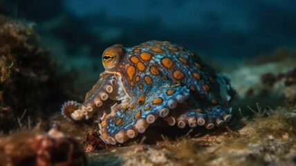 AI generated illustration of a blue octopus lurking on the ocean floor observing its surroundings