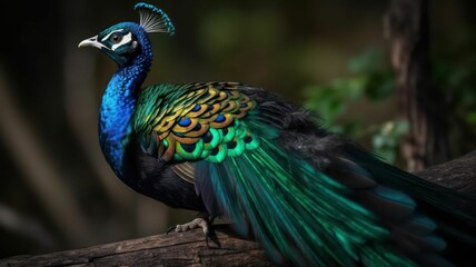 Fototapeta premium AI generated illustration of a peacock perched atop a branch, gazing off into the horizon