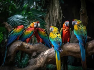 Obraz premium A group of colorful parrots perched on branches in the jungle