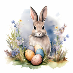 Easter watercolor illustration with cute easter bunny, colorful easter eggs and flowers, white background, good for greeting card template