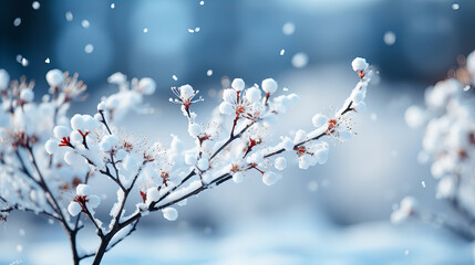 Winter landscape with frozen trees, snowflakes and blue bokeh lights.. Winter background. Generative AI technology.