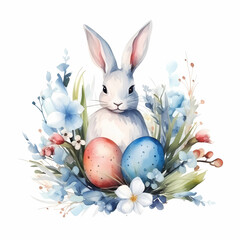 Naklejka na ściany i meble Easter watercolor illustration with cute easter bunny, colorful easter eggs and flowers, white background, good for greeting card template