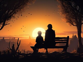 Fototapeta na wymiar Mother and Son Sitting on a Bench Watching the Sunset. Ai Generated