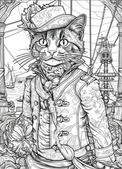 AI-generated illustration of a cat wearing a pirate costume.