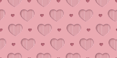 Seamless rose love pattern with hearts. Beautiful paper cut heart on background. Papercut illustration for cosmetic product display, valentine day wrapping paper, presentation, textile, wallpaper.