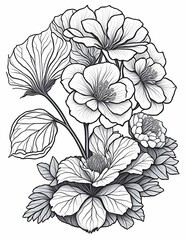 AI generated illustration of a black and white floral arrangement with intricate petals and foliage