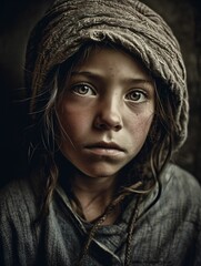 Fototapeta premium AI generated illustration of a child with dreadlocks and a headscarf, with a serious expression