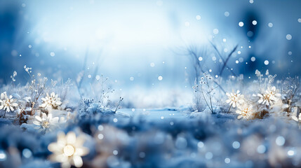 Winter landscape with frozen trees, snowflakes and blue bokeh lights.. Winter background. Generative AI technology.