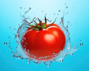 tomato splash in water splash on blue background