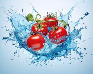 tomato splash in water splash on blue background