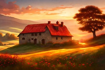  A peaceful countryside scene with a rustic farmhouse nestled among rolling hills, its red roof glowing in the warm light of the setting sun. - obrazy, fototapety, plakaty