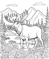 coloring pages for kids Moose on flowers