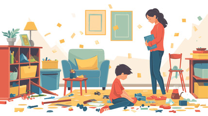 Woman looks at messy kids' room and boy. Flat vector.
