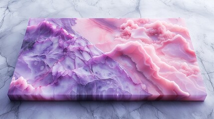 A marble slab with a delicate pink and purple hue, like a cherry blossom. The marble texture is soft and fluffy, creating a sense of warmth and beauty. 