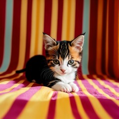 AI generated illustration of an adorable cat perched on a colorful blanket