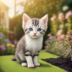 Obraz premium AI generated illustration of an adorable tabby cat sits in the lush green grass