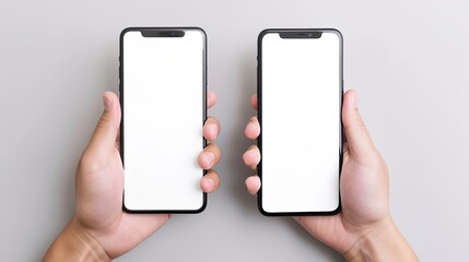 Obraz na płótnie Canvas Two hands holding smartphones with blank screens