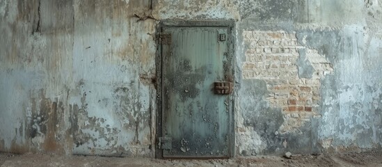 A rectangular door with a padlock, made of wood or composite material, is a fixture on the building's facade.