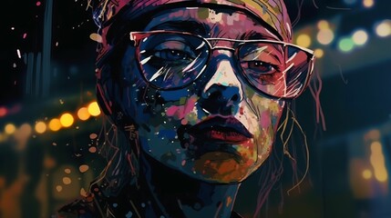 AI generated artsy illustration of a woman with glasses and a thoughtful expression