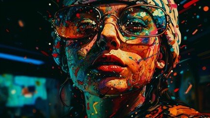 AI generated artsy illustration of a woman with glasses and a thoughtful expression